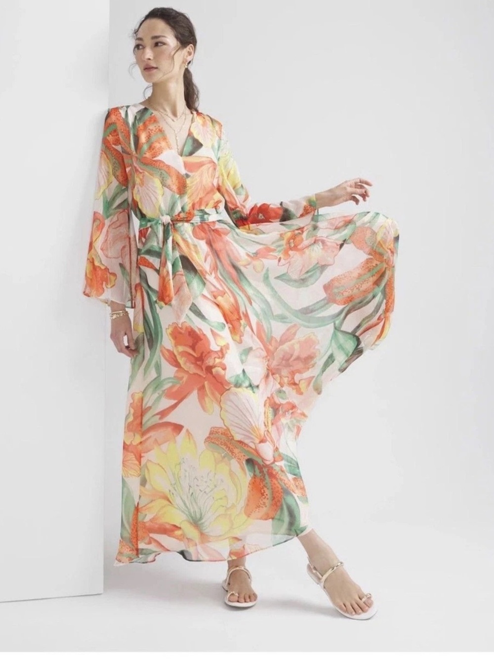 White House Black Market "Drama" Maxi Dress in Jungle Flower (Ecru) in M